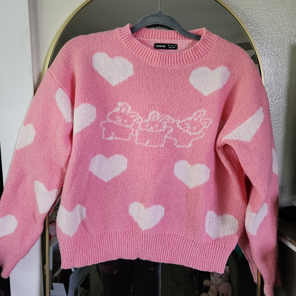 SHEIN Pink and White Crew Neck Heart Sweater
